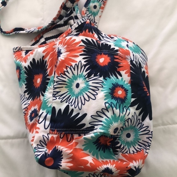 Thirty-one reversible bucket bag with stripes and flowers 🌸 blues white orange - Picture 7 of 11